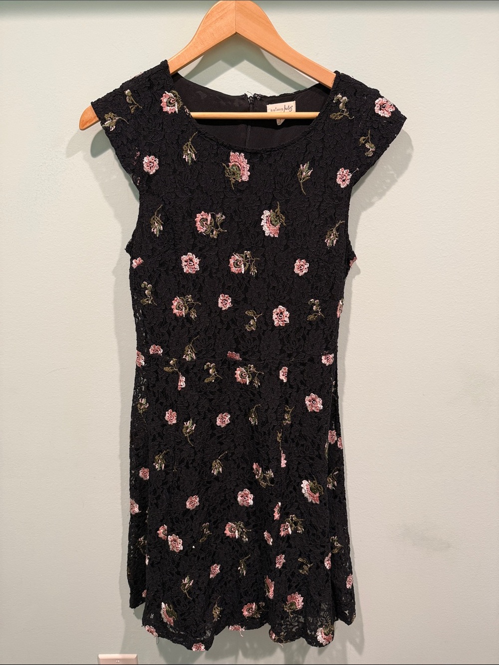 Maison Jules Black Lace Dress with Pink Rose Embroidery